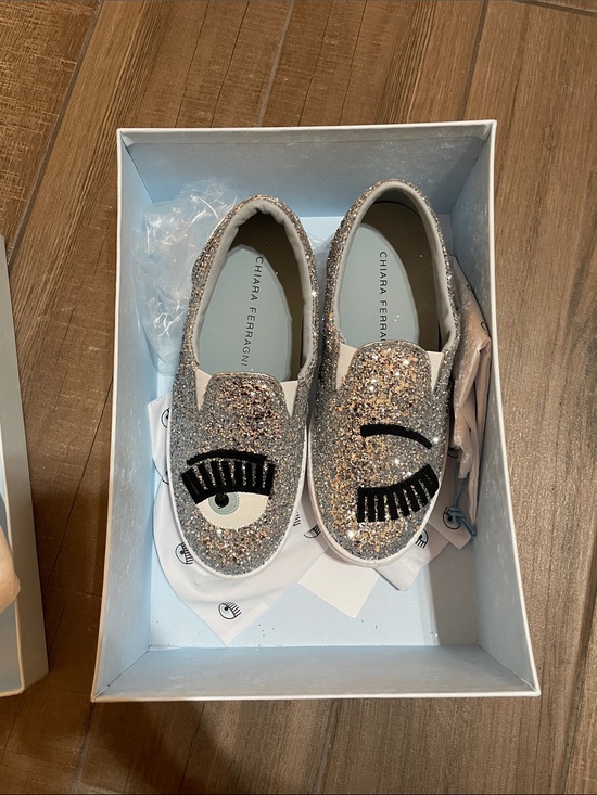 Chiara Ferragni Shoes - Chiara Ferragni Silver Glitter Slip-On Sneakers with Eye and Lash Motif